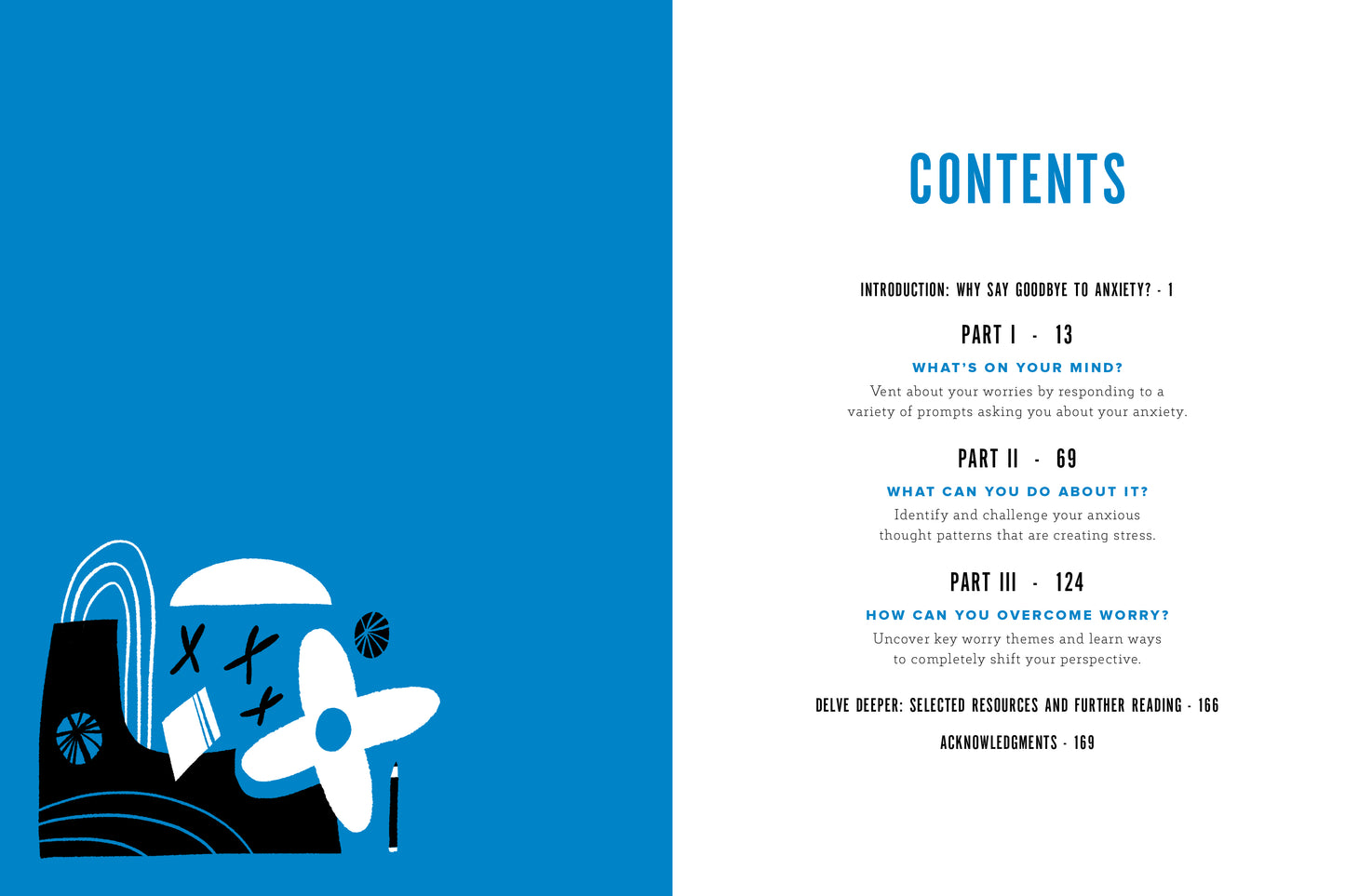 Book table of contents for 'Goodbye Anxiety' with a blue and white design on a white background