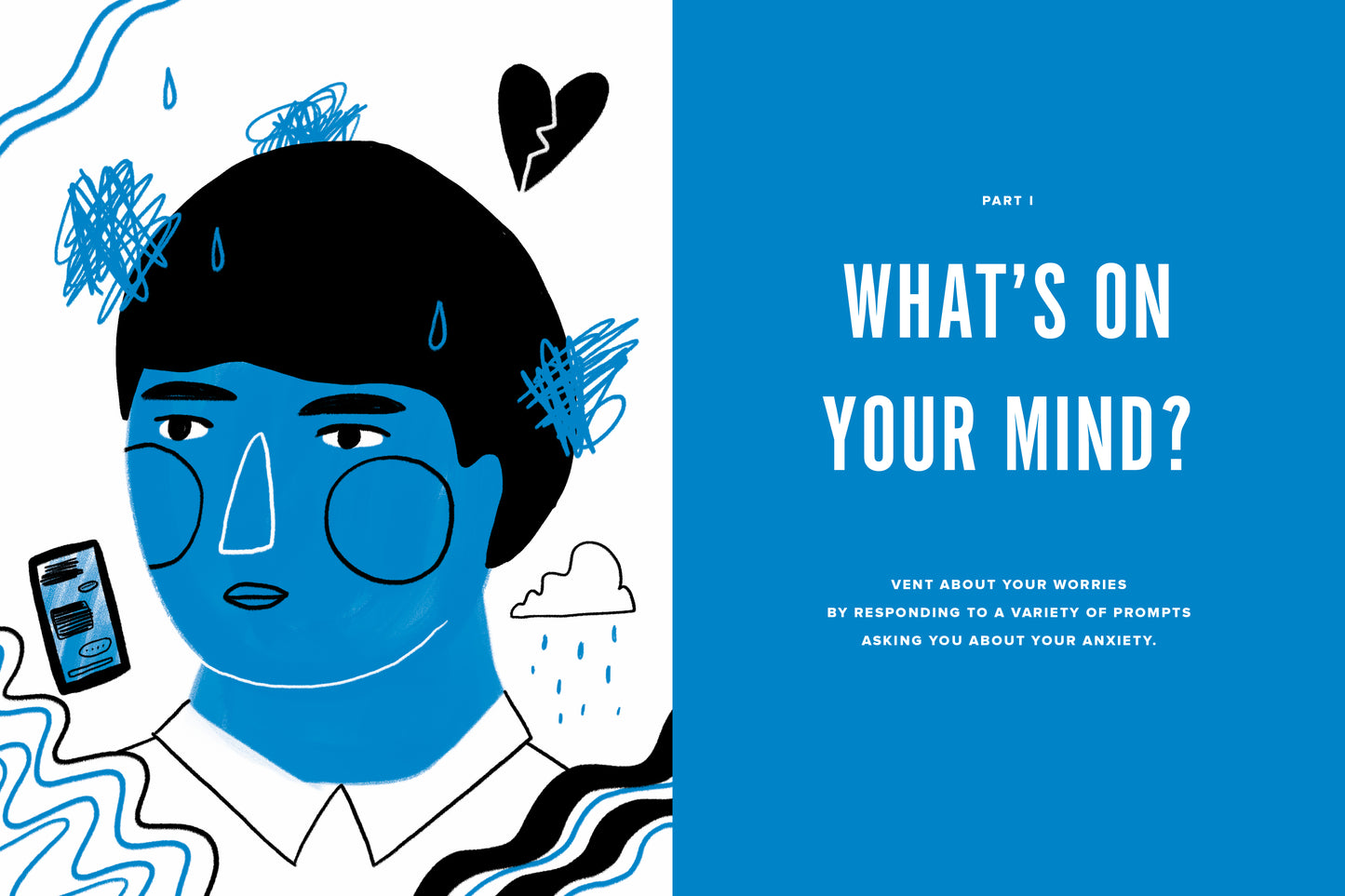Book cover for 'Goodbye Anxiety' with illustration of a person holding a phone, text 'What's on Your Mind?' and cloud graphics.