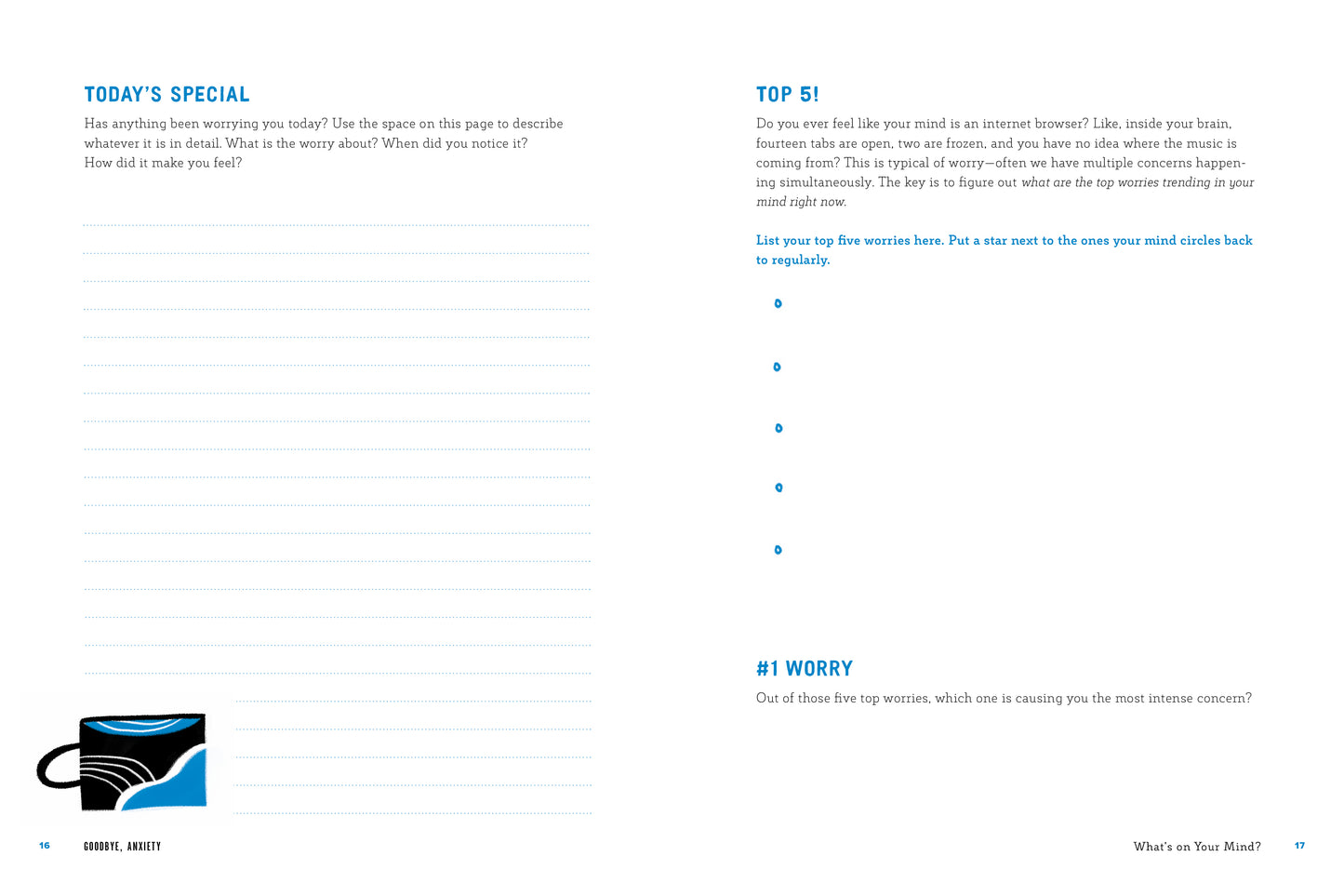White page with text from the book 'Goodbye Anxiety' and a blue mug icon on a white background