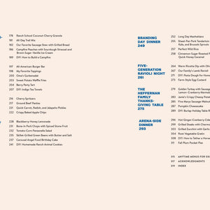Menu from 'Five Marys Family Style' with summer and fall sections on a beige background