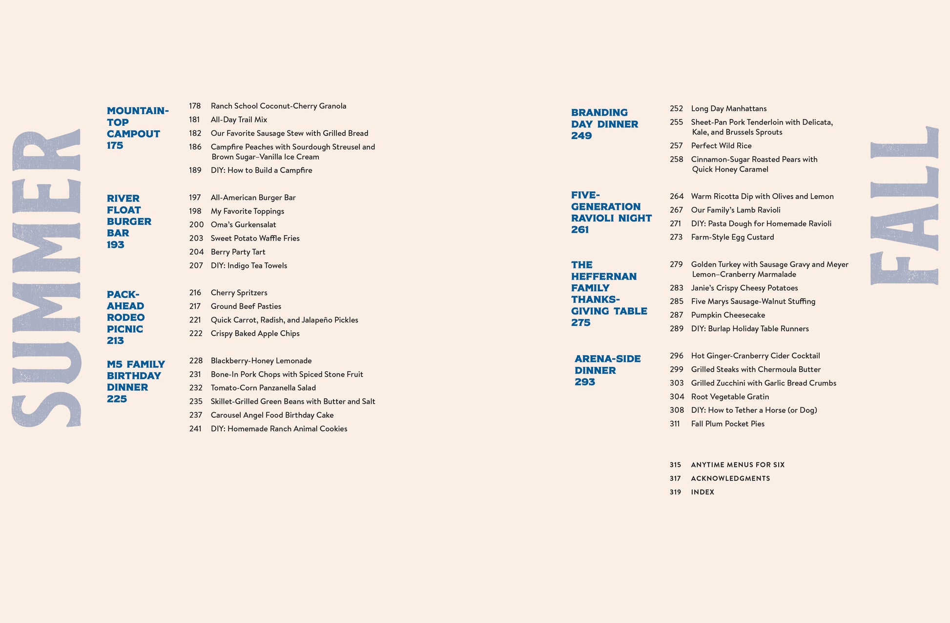 Menu from 'Five Marys Family Style' with summer and fall sections on a beige background