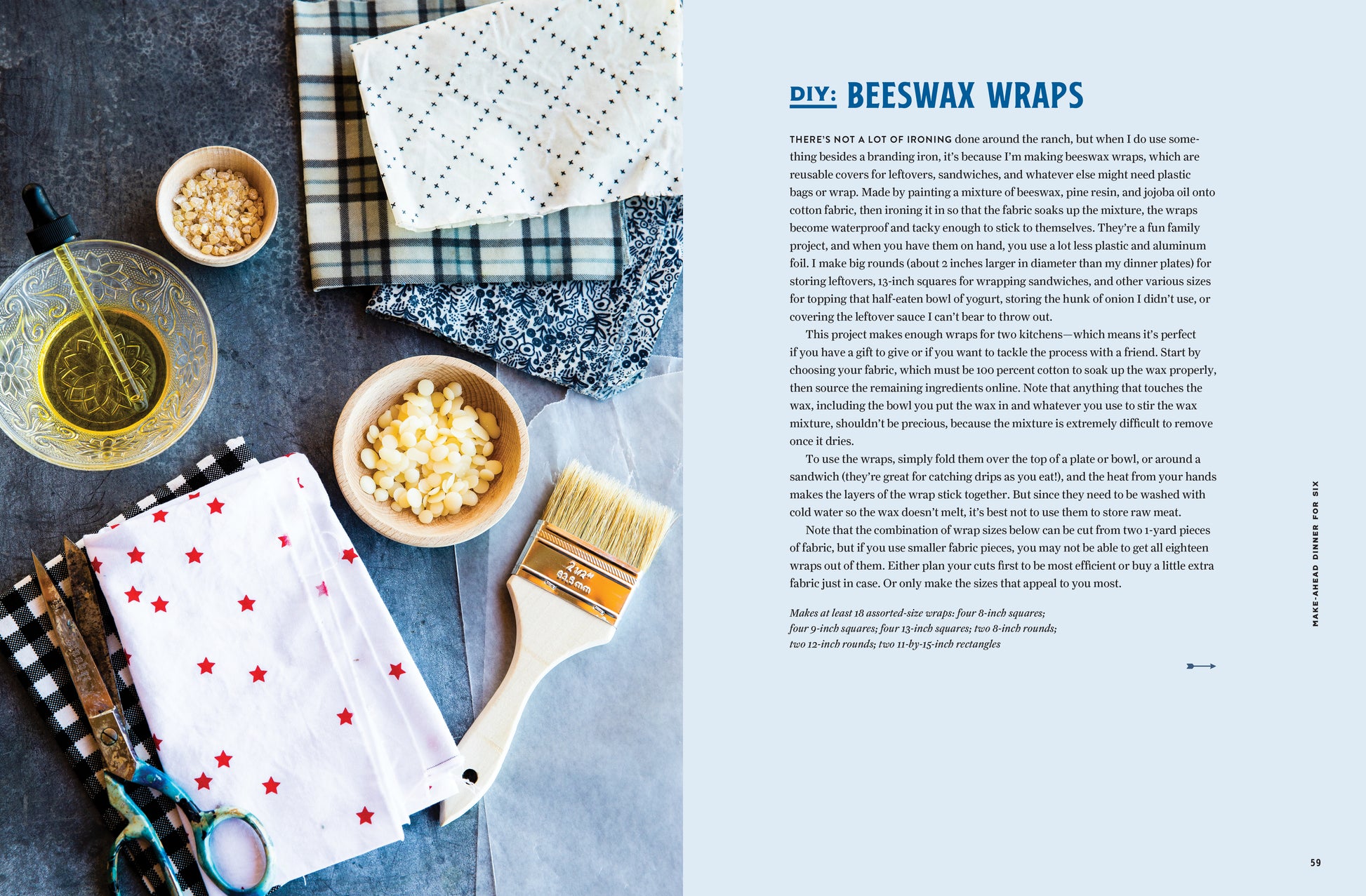 'Five Marys Family Style'  DIY beeswax wraps with materials and tools on a table