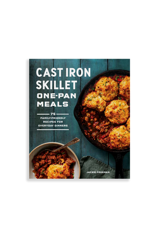 Cookbook cover of 'Cast Iron Skillet One-Pan Meals' with a skillet and food on a blue background