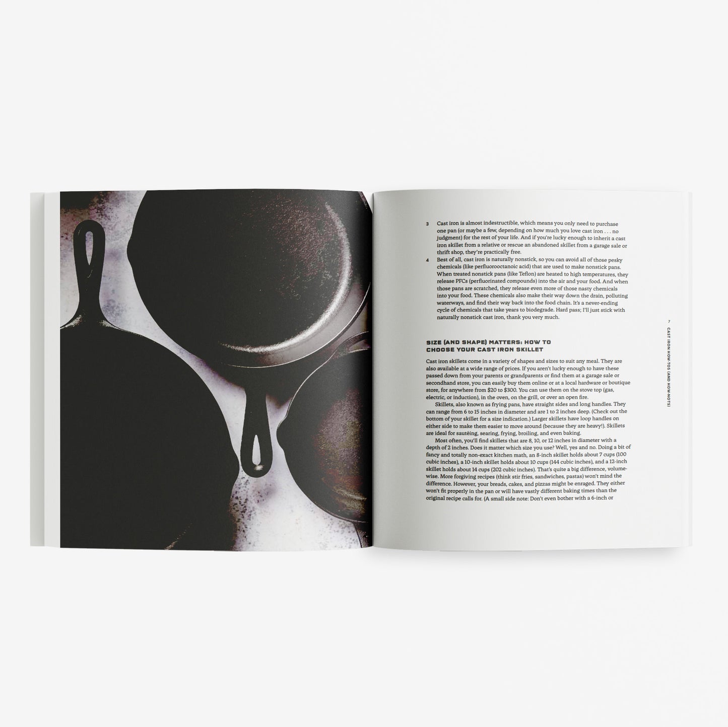 Open book showing a page with silhouettes of kitchen utensils and another with text.