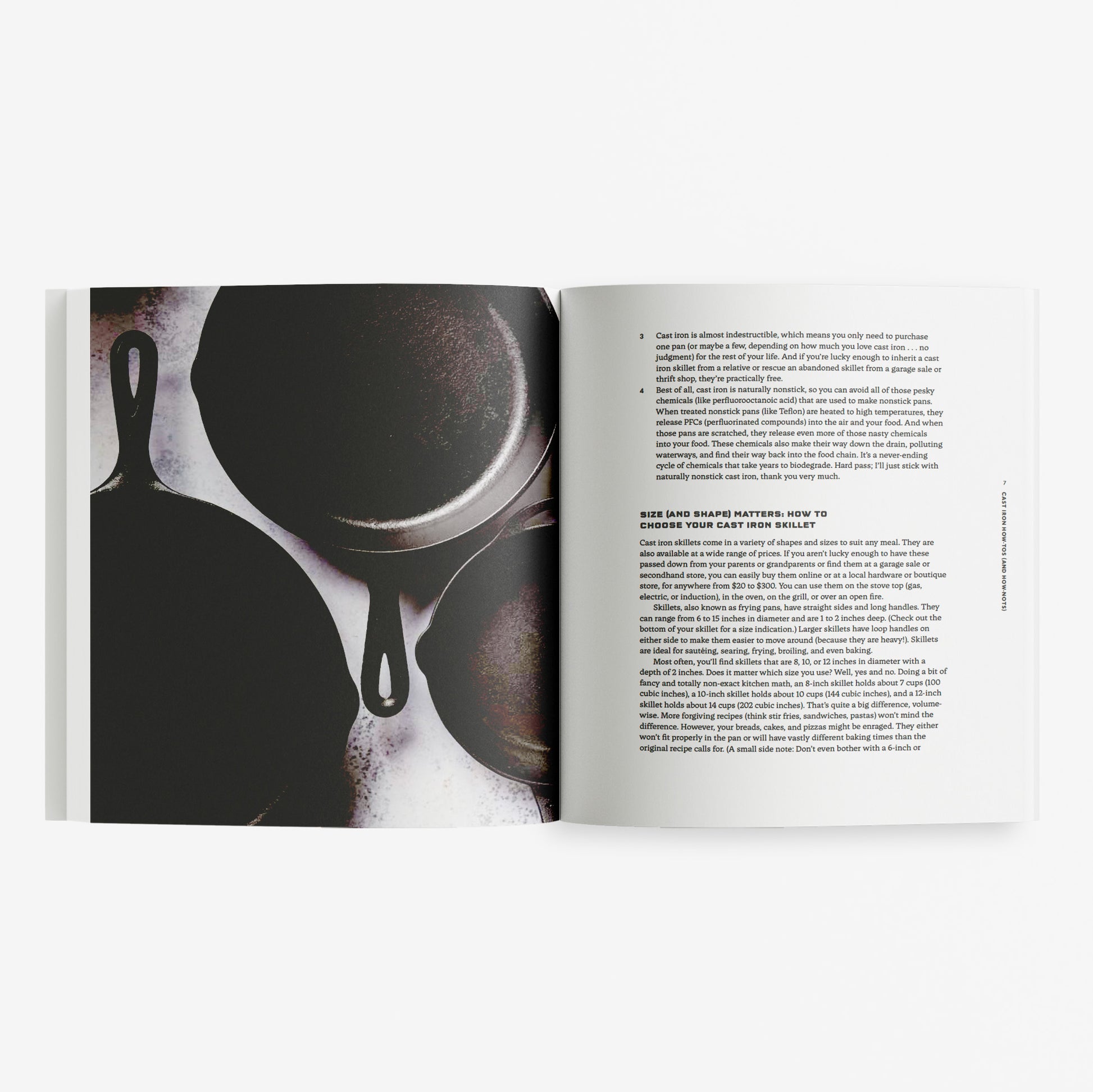 Open book showing a page with silhouettes of kitchen utensils and another with text.