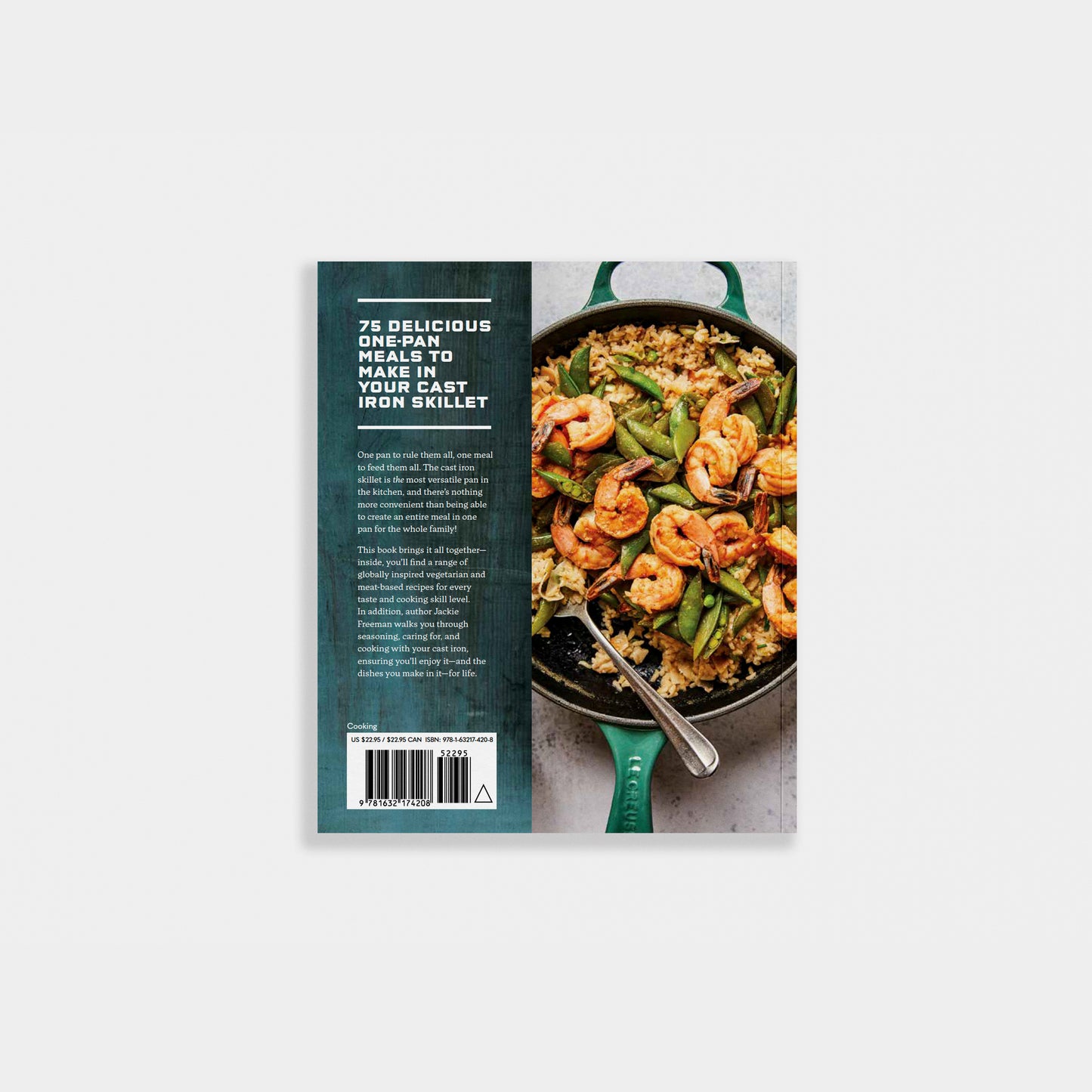 Cookbook cover with a skillet of food and text on a white background