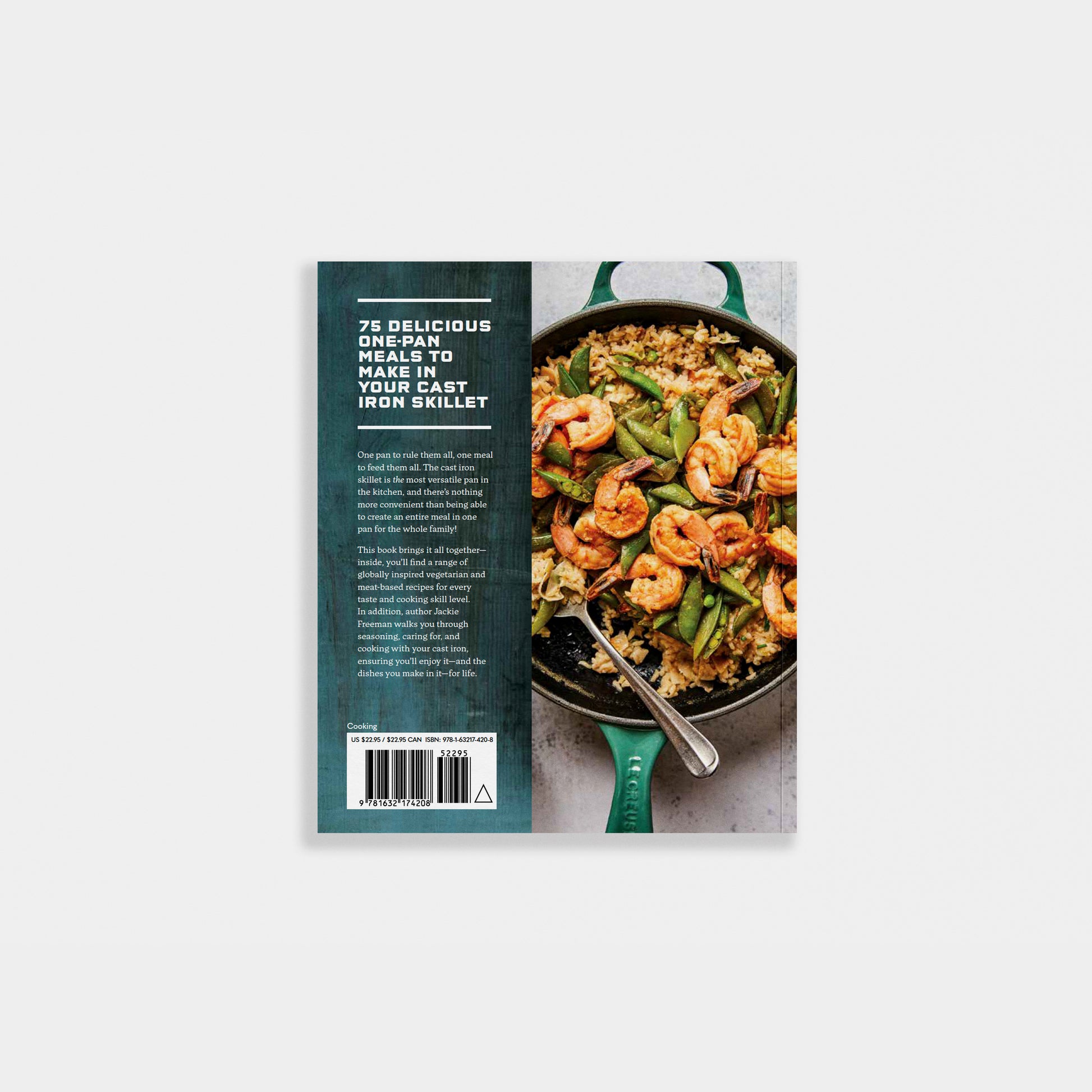 Cookbook cover with a skillet of food and text on a white background