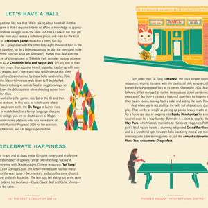 Page from 'The Seattle Book of Dates'  with text and colorful illustrations of a horse, cat, and people.