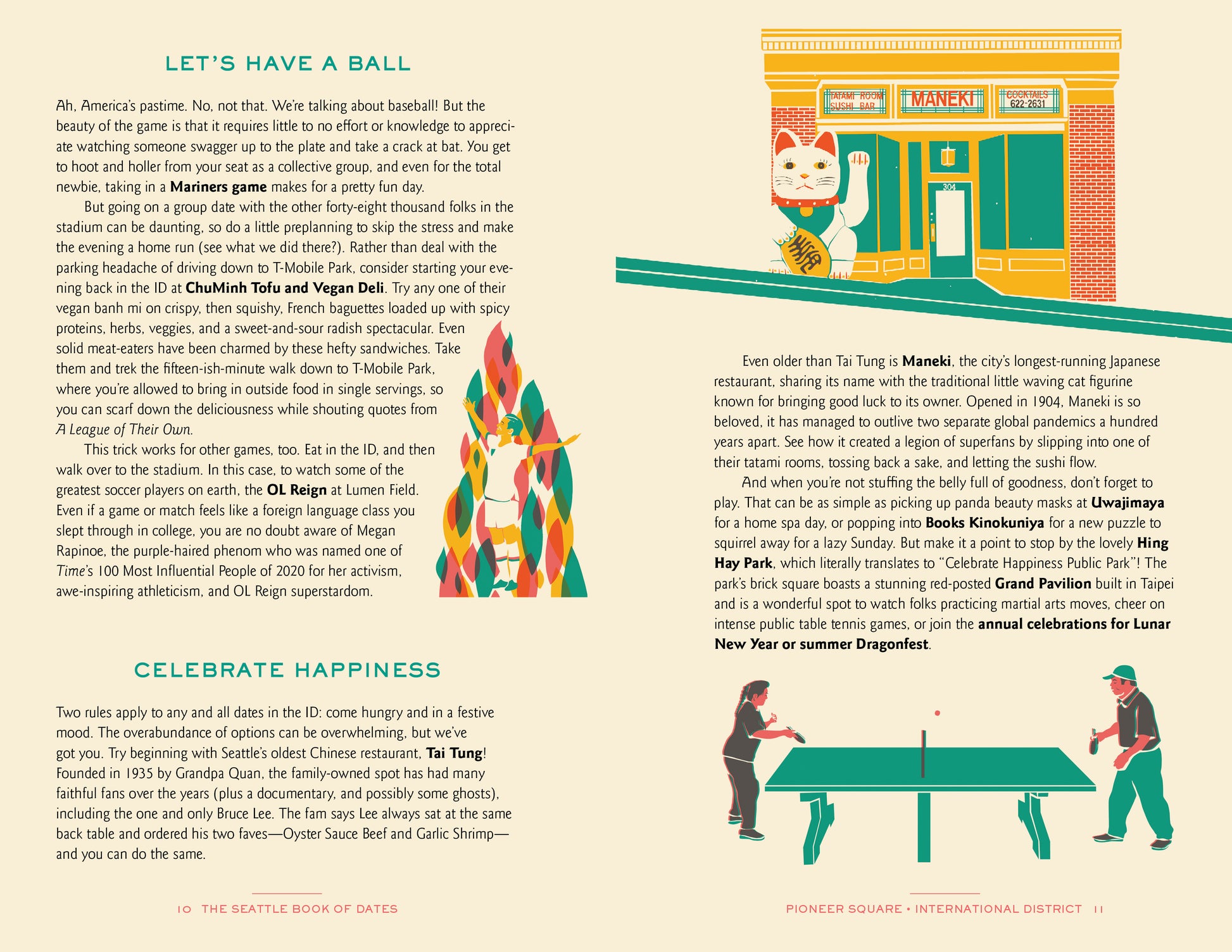 Page from 'The Seattle Book of Dates'  with text and colorful illustrations of a horse, cat, and people.