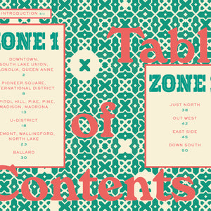 Table of contents for 'The Seattle Book of Dates' with zone divisions on a patterned background