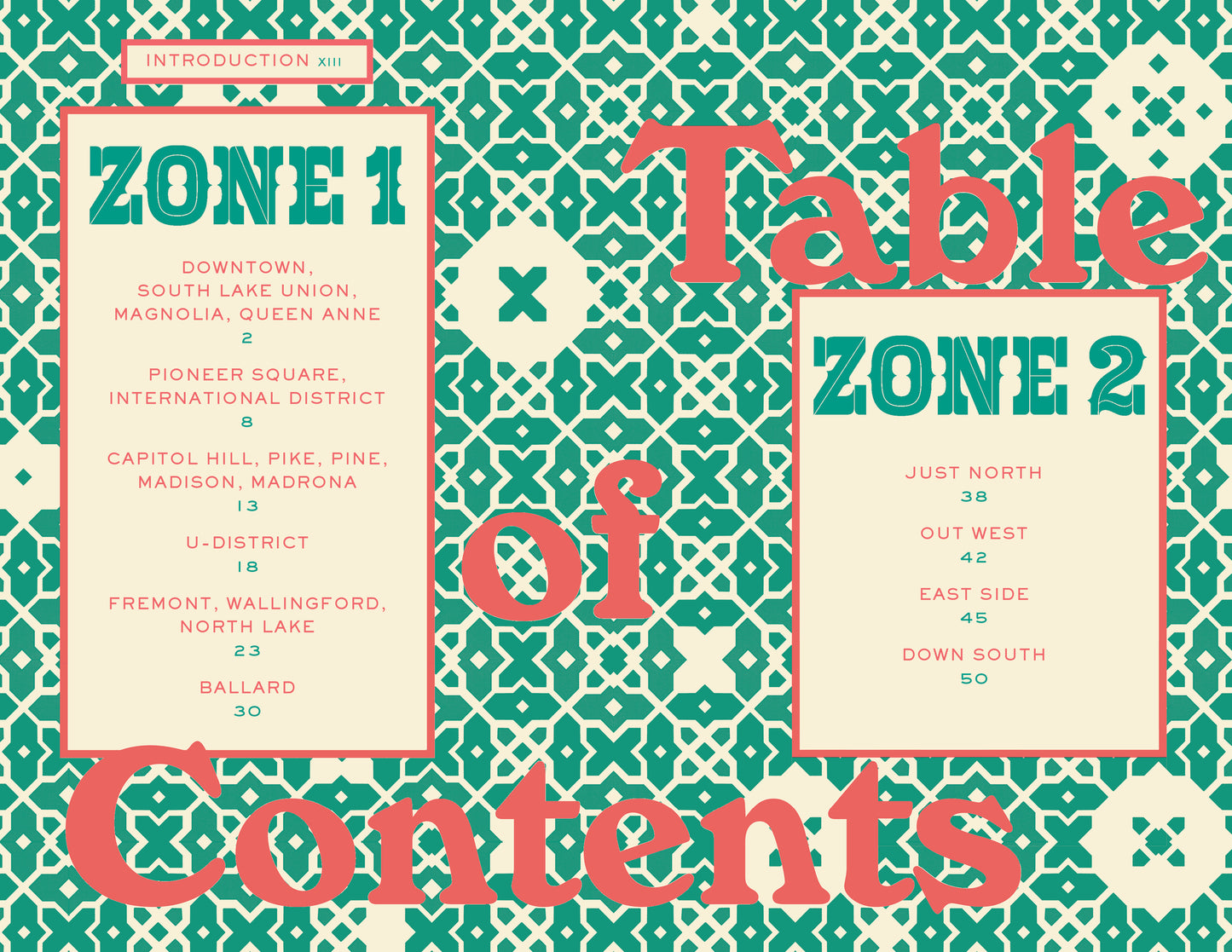 Table of contents for 'The Seattle Book of Dates' with zone divisions on a patterned background