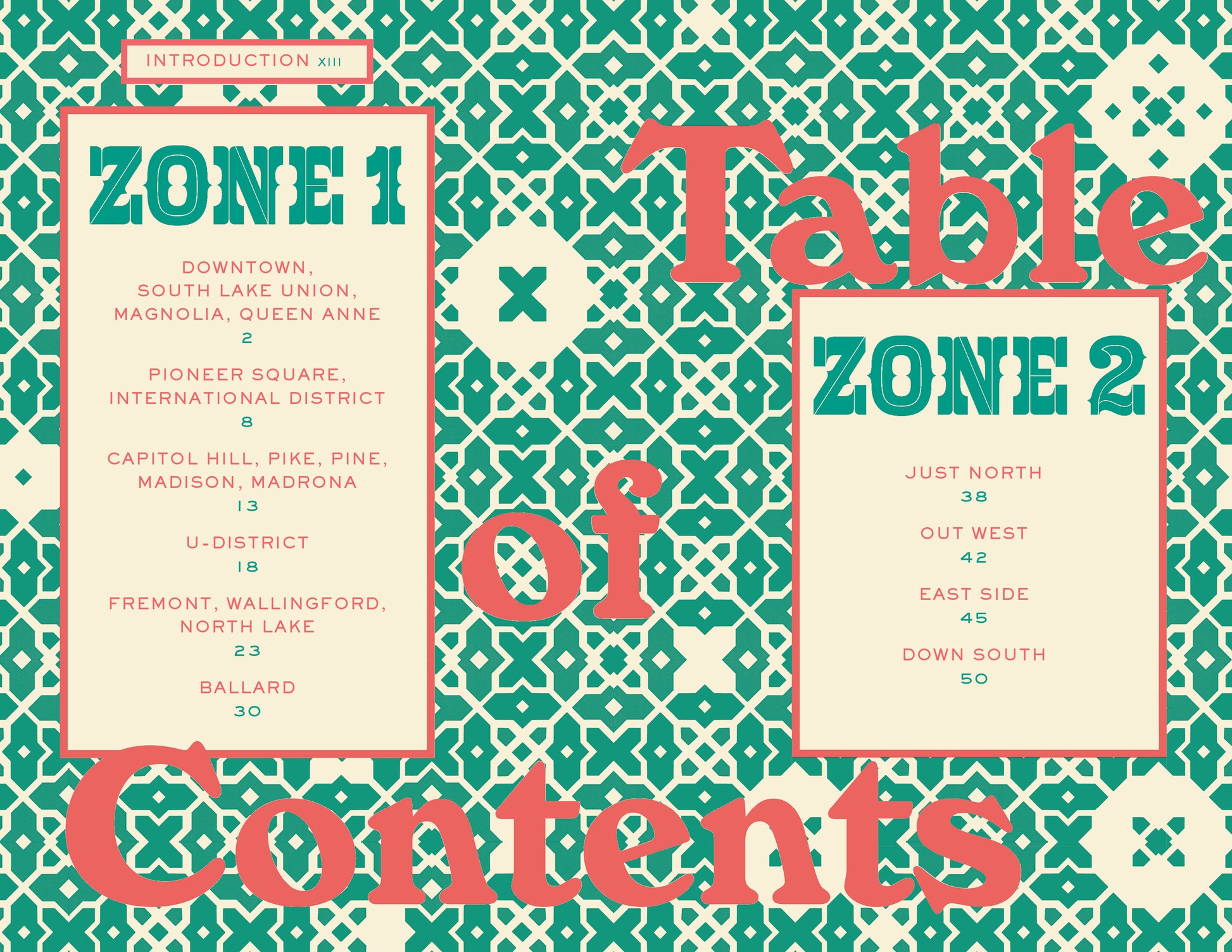 Table of contents for 'The Seattle Book of Dates' with zone divisions on a patterned background