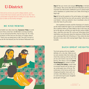 Illustrated book page from 'The Seattle Book of Dates' with text and graphics on a yellow background