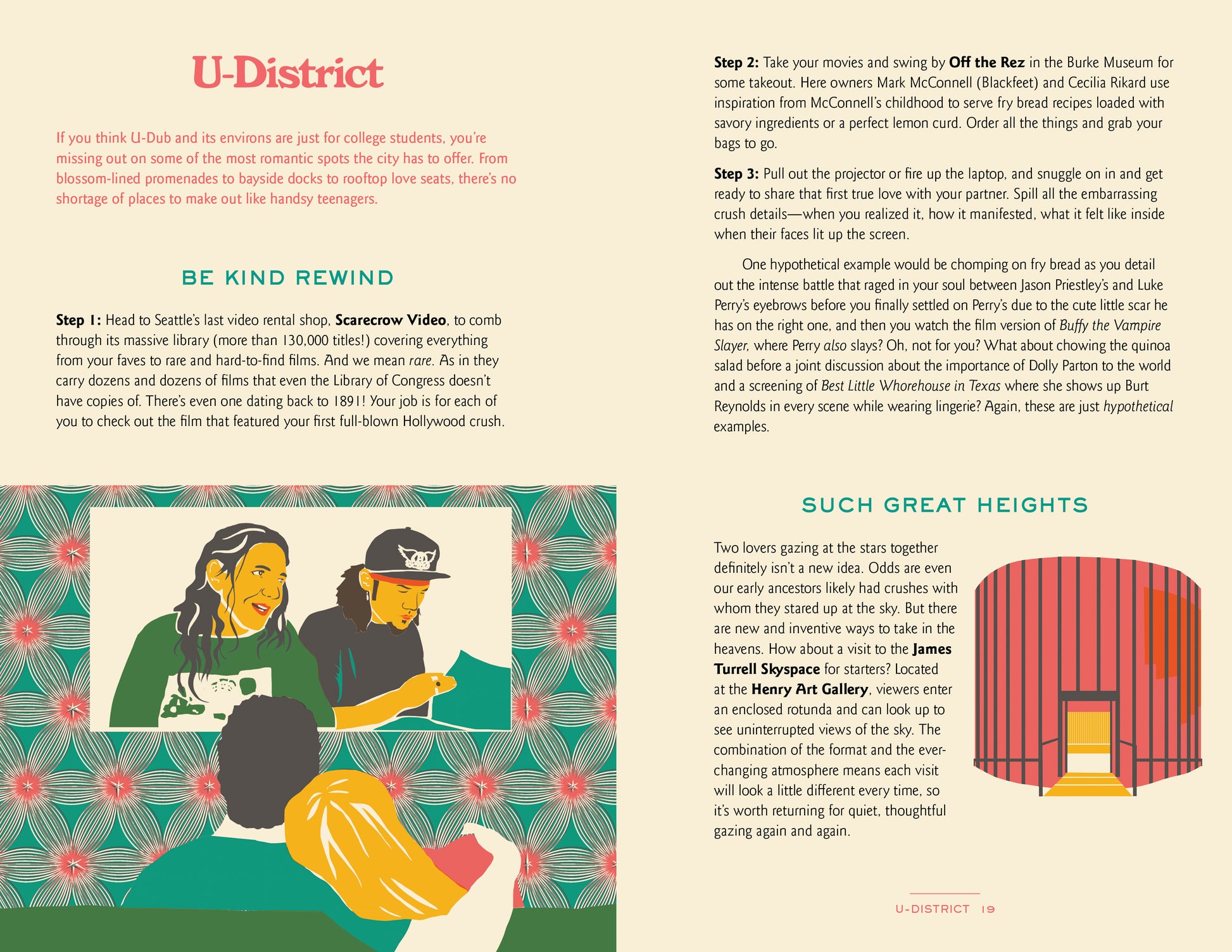 Illustrated book page from 'The Seattle Book of Dates' with text and graphics on a yellow background