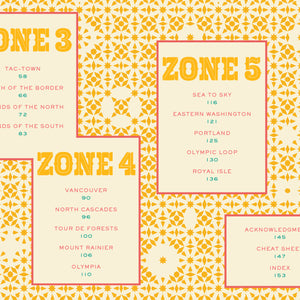 Table of contents for 'The Seattle Book of Dates' with zone names and page numbers on a yellow patterned background