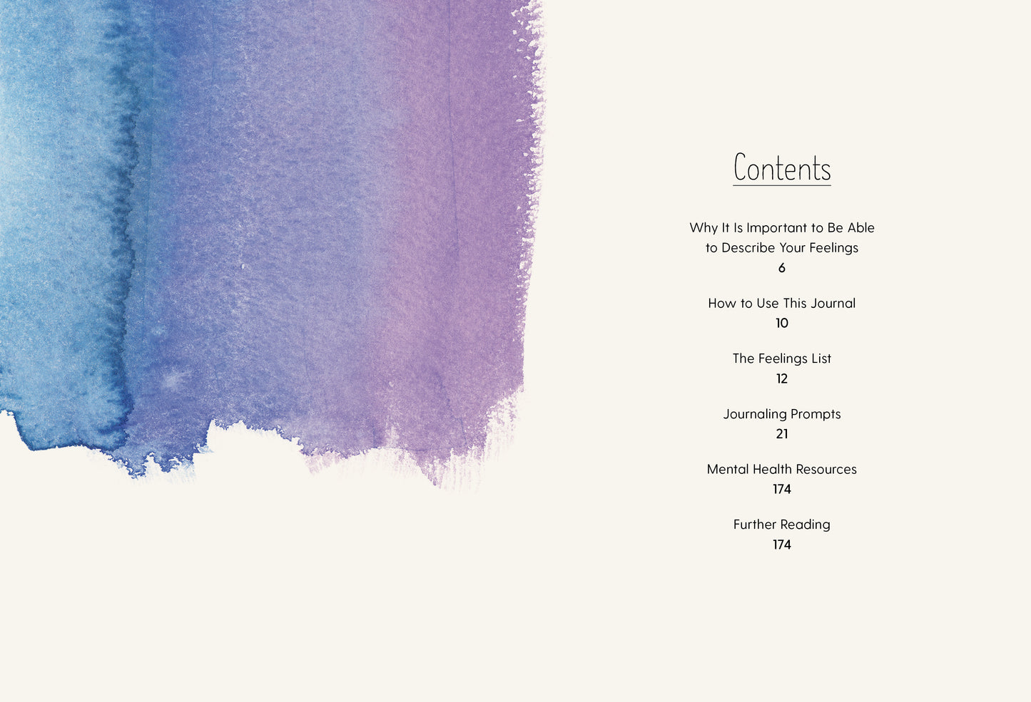 Table of contents for  'How Am I Feeling Right Now?'  a journal with watercolor design on the left side