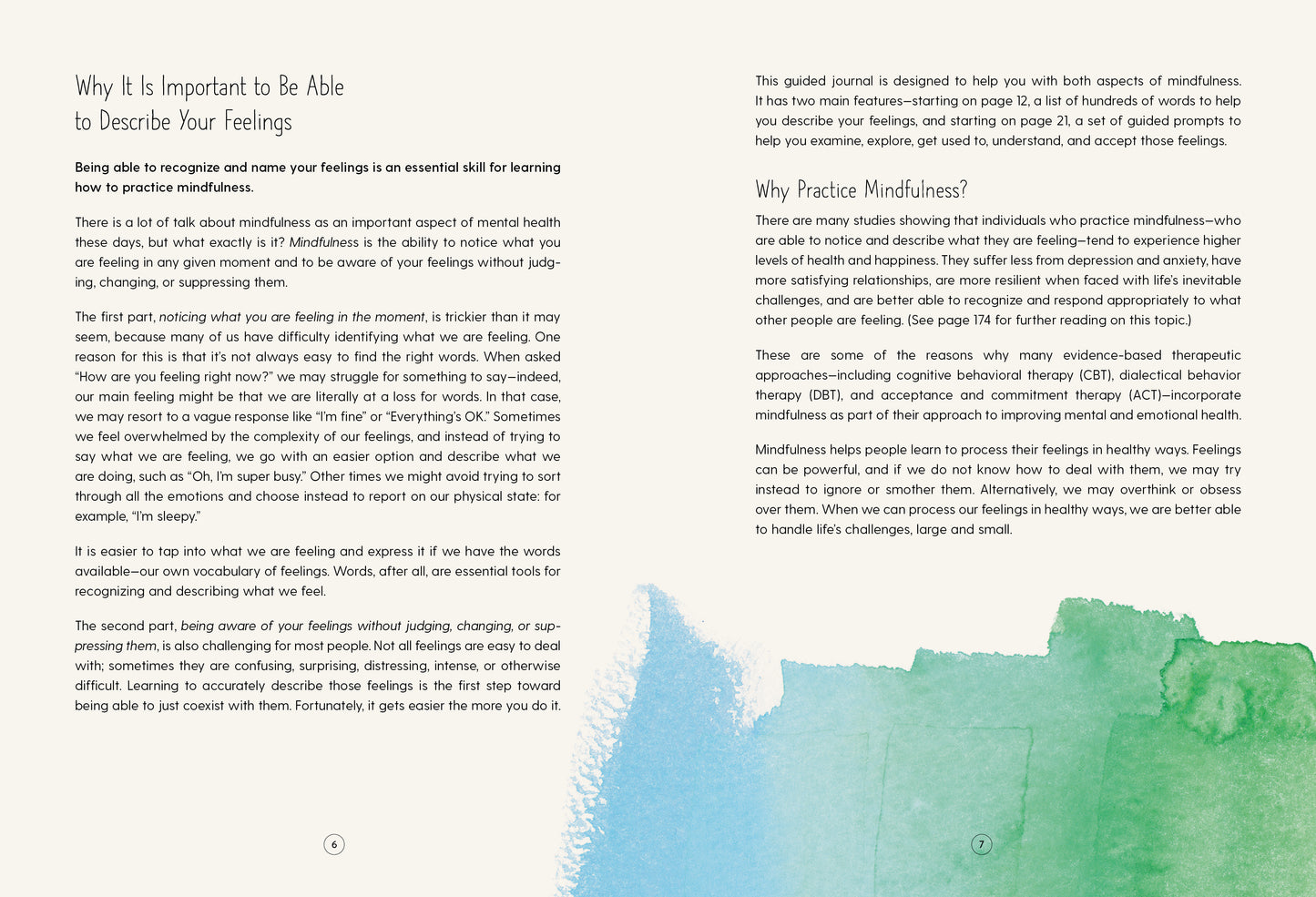 Book page of 'How Am I Feeling Right Now?' with text on mindfulness and feelings, featuring a green and blue watercolor design.