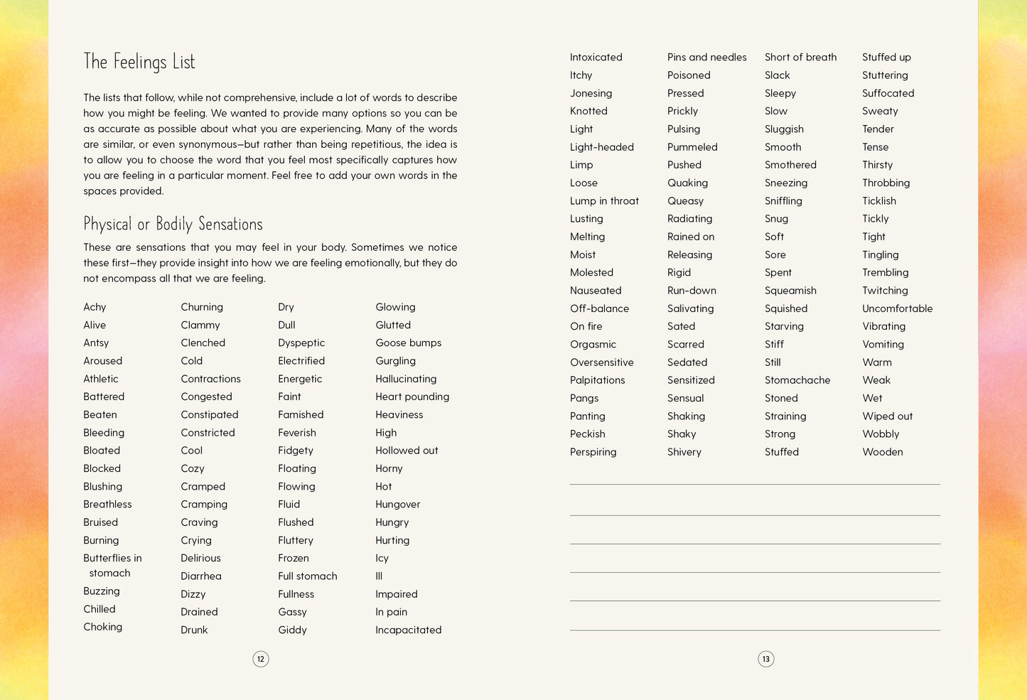 Feelings list from  'How Am I Feeling Right Now?' with a colorful gradient background