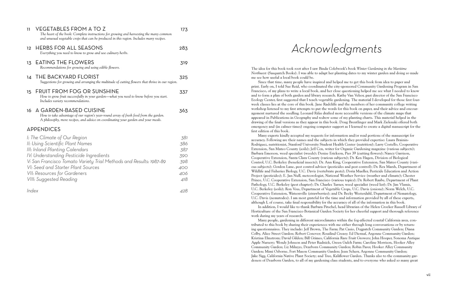 Book page of 'Golden Gate Gardening' with 'Acknowledgements' section on a white background