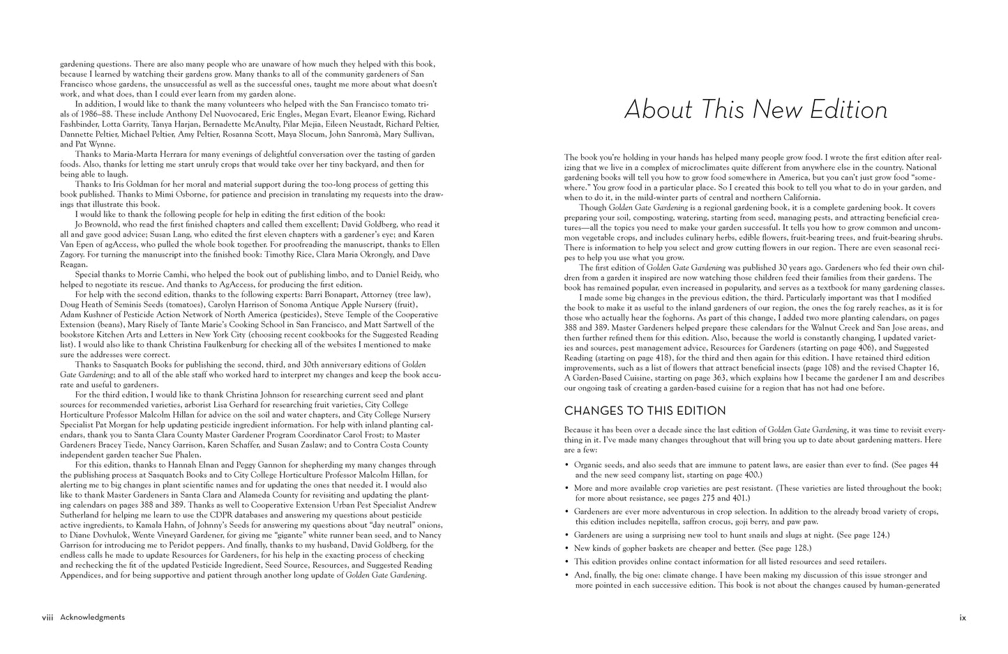 Book page  of 'Golden Gate Gardening' text about a new edition and changes, on a white background.