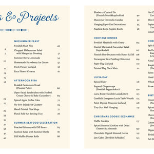 Menu from 'Scandinavian Gatherings' with recipes and projects listed on a beige background