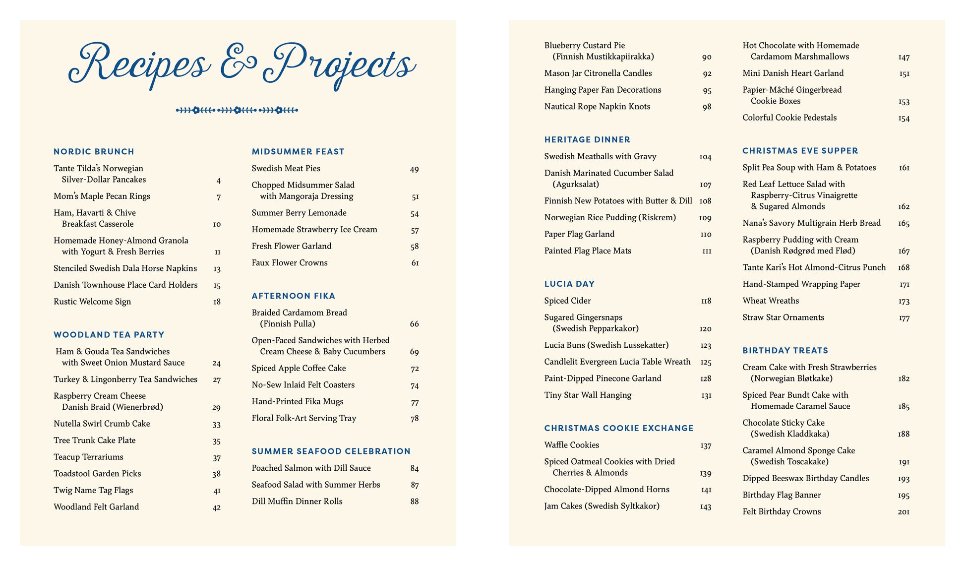 Menu from 'Scandinavian Gatherings' with recipes and projects listed on a beige background