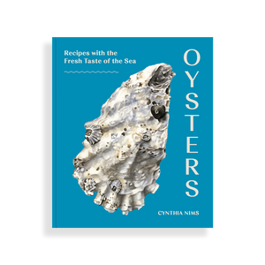 Book cover of 'Oysters' by Cynthia Nims with a blue background and oyster image.