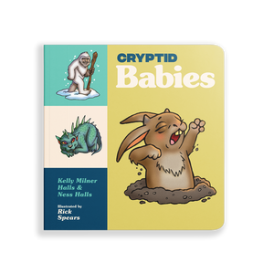 Book titled 'Cryptid Babies' with illustrations of a yeti, creature, and a bunny on a white background.