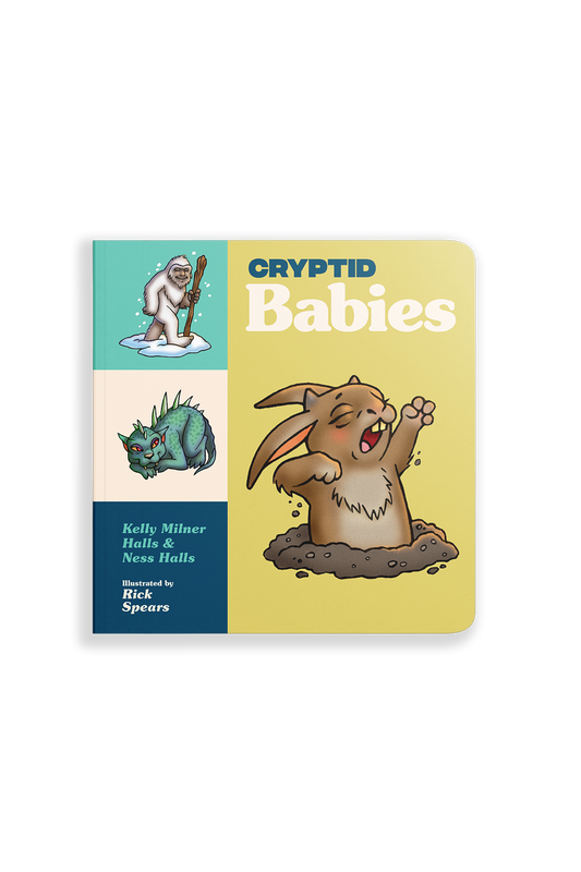 Book titled 'Cryptid Babies' with illustrations of a yeti, creature, and a bunny on a white background.