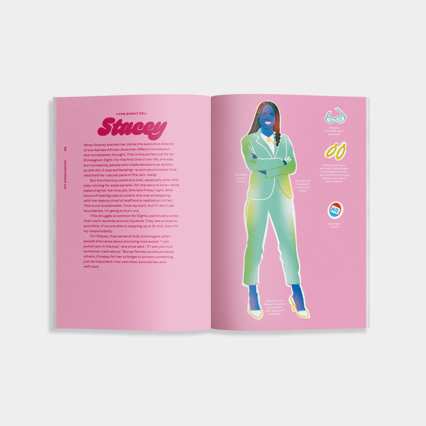 Open book of 'My Enneagram' with a pink background featuring a colorful illustration of a person and text.