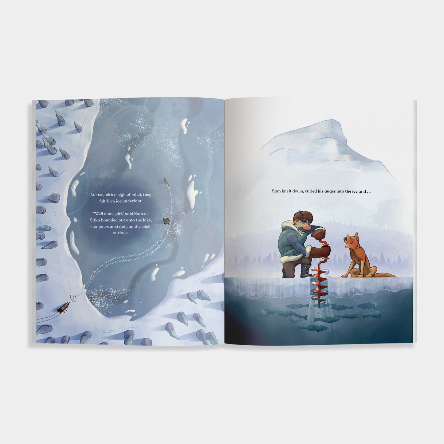 Open book of 'How the Husky Got Its Mask' showing a page with an illustration of a child and dog on a frozen lake, fishing.