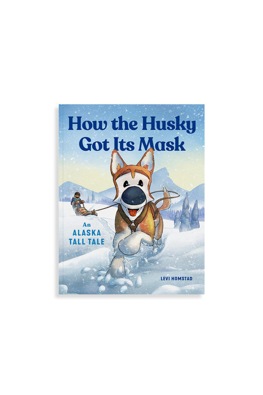 Book cover of 'How the Husky Got Its Mask' with a husky character and snowy landscape.