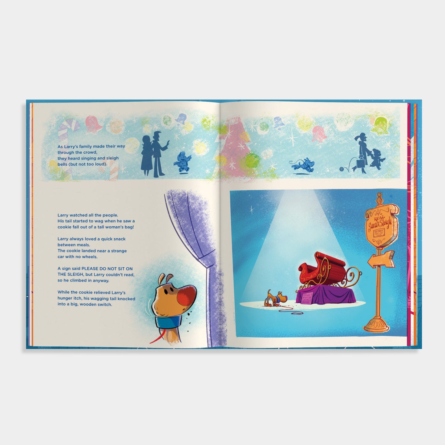 Larry Gets Lost at the North Pole Open children's book with colorful illustrations and text on a white background