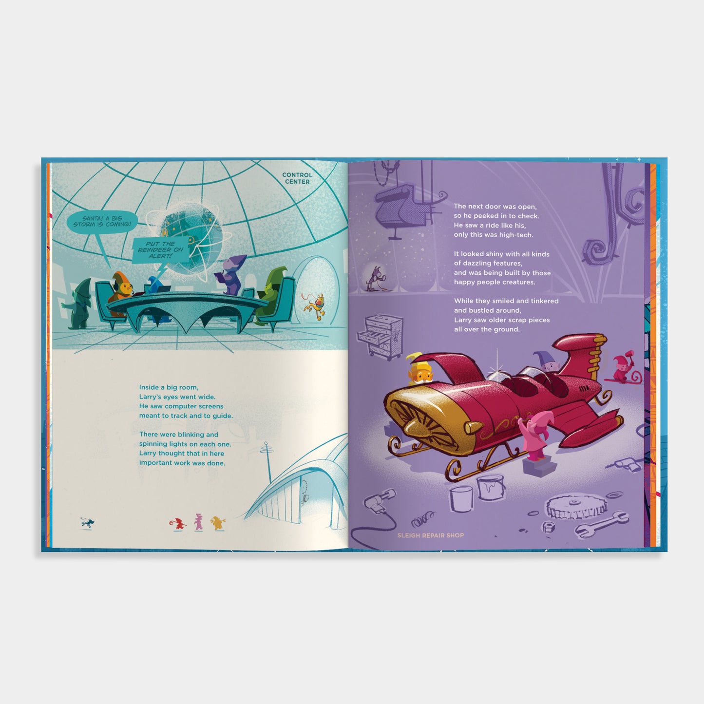 Larry Gets Lost at the North Pole Open book with colorful illustrations of a red airplane and other elements on a white background