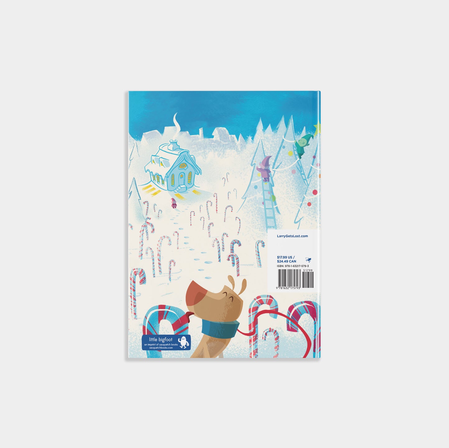 Back cover view of Larry Gets Lost at the North Pole showing larry in a the North pole with snow and candy canes. 
