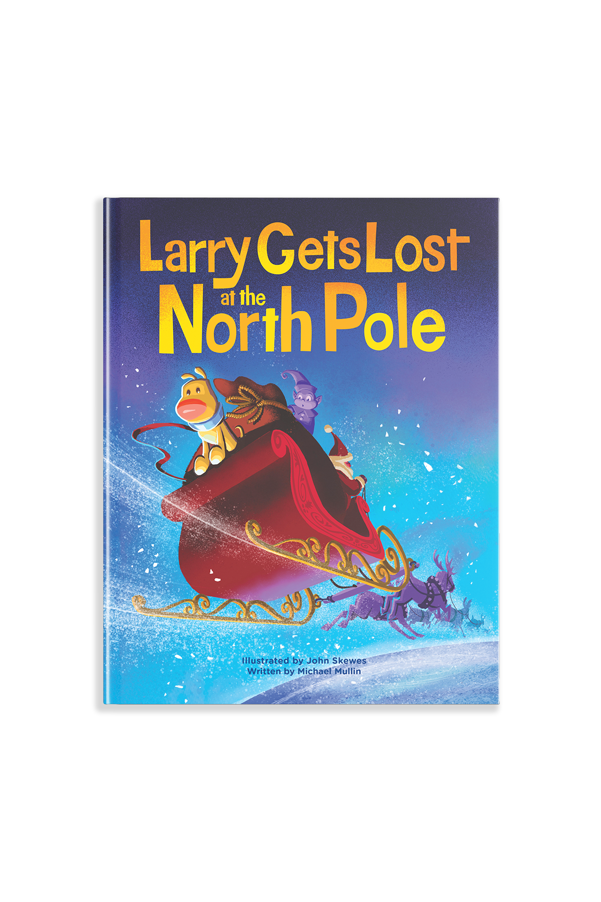 Larry Gets Lost at the North Pole book with a dog riding Santa's sleigh
