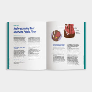 Open book of 'Strong as a Mother' showing a chapter about understanding the core and pelvic floor with illustrations on a white background.