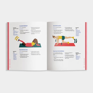 Open book of 'Strong as a Mother' showing exercise illustrations and text on a white background