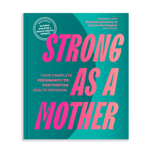 Book cover of 'Strong as a Mother' with teal background and pink text.
