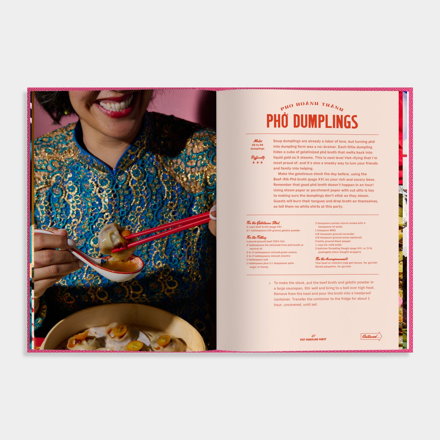 Open book showing a recipe for Phò Dumplings with a person eating.