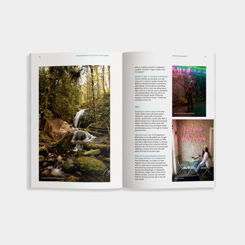 Open book with nature scene on one page and interior design on the other, on a white background.
