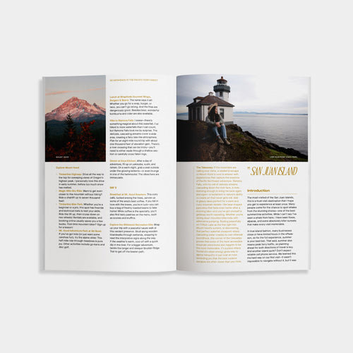 Open book showing a lighthouse on a mountain and a person sitting on a rock with a scenic view.