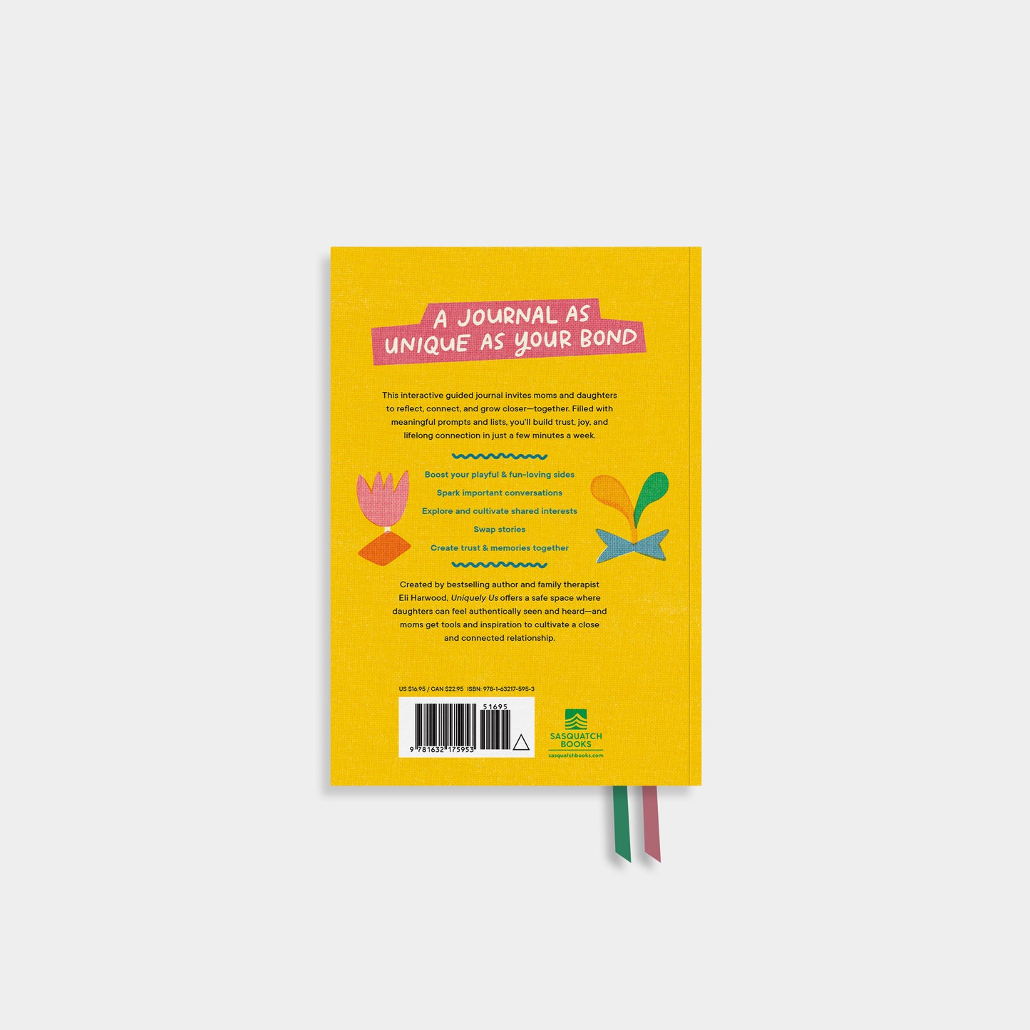 Back cover of 'Uniquely Us' a journal with colorful illustrations and text on a white background 