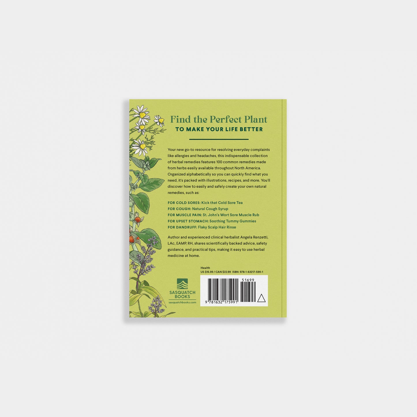 Back cover of a book with plant illustrations and text on a light green background