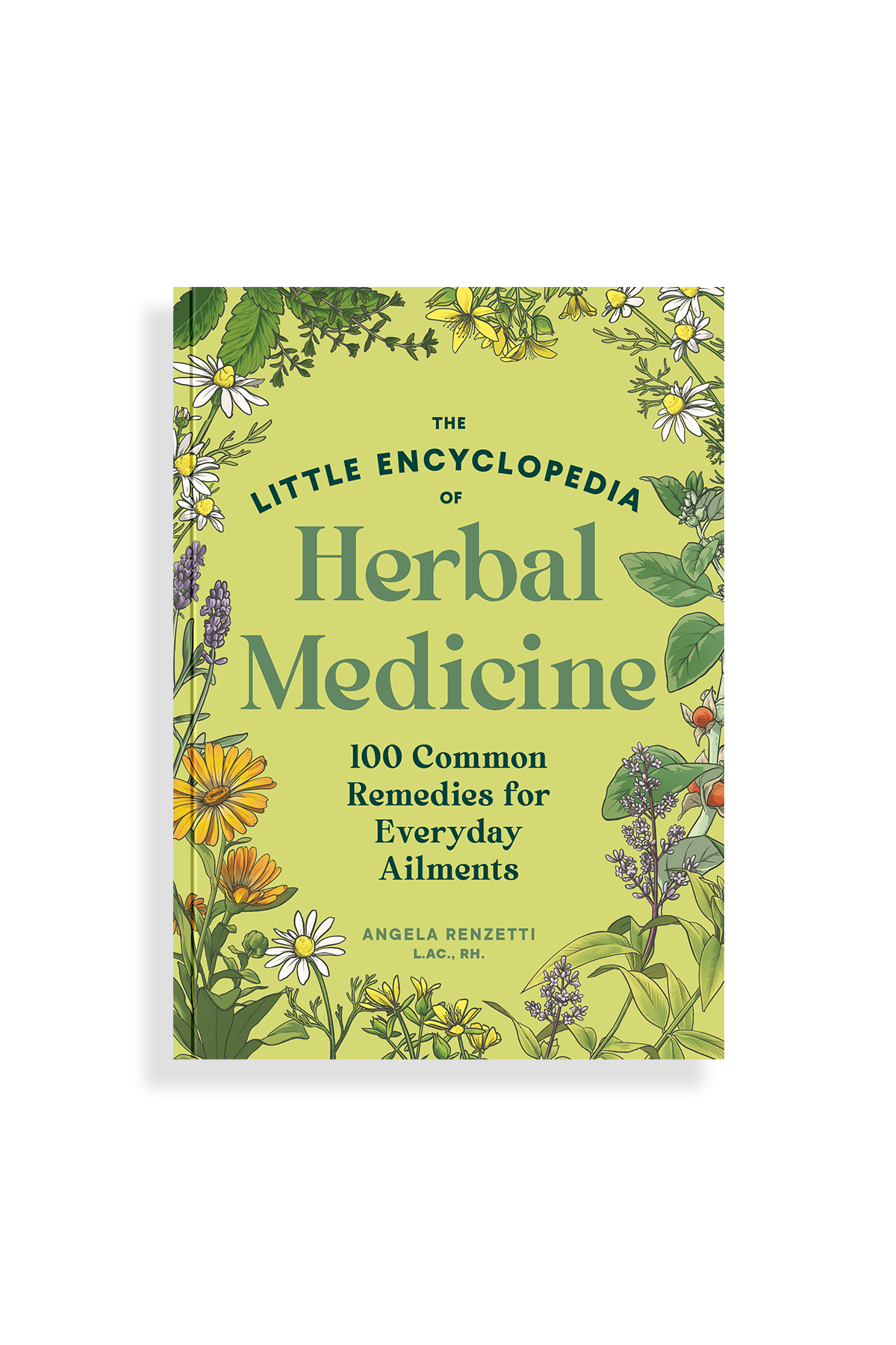 Book titled 'The Little Encyclopedia of Herbal Medicine' with floral and plant illustrations on a green background.