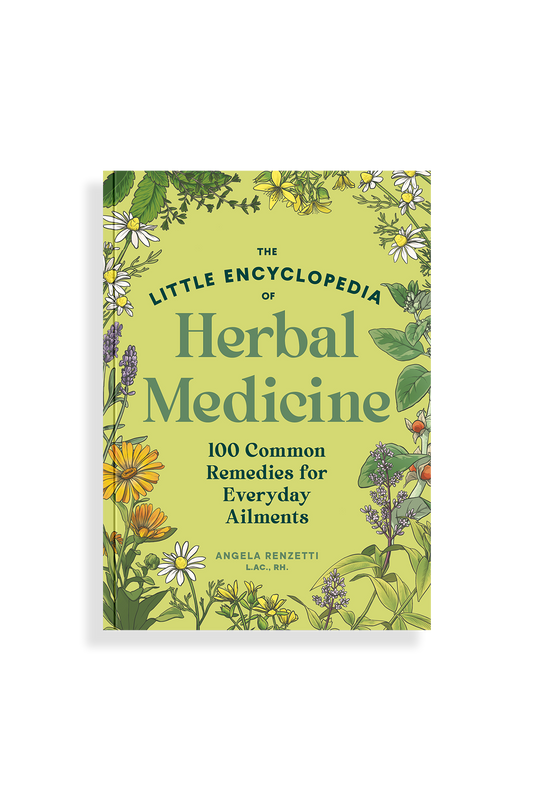 Book titled 'The Little Encyclopedia of Herbal Medicine' with floral and plant illustrations on a green background.
