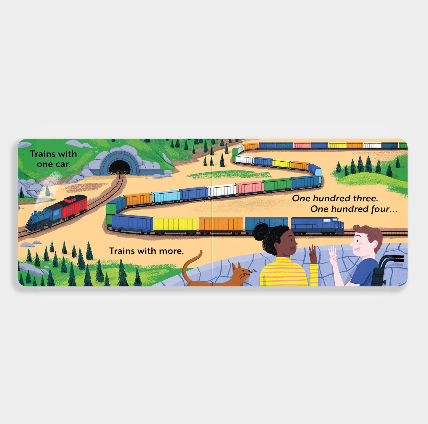 Children's book 'Go, Trains, Go!' page with a colorful train set and two children watching it.