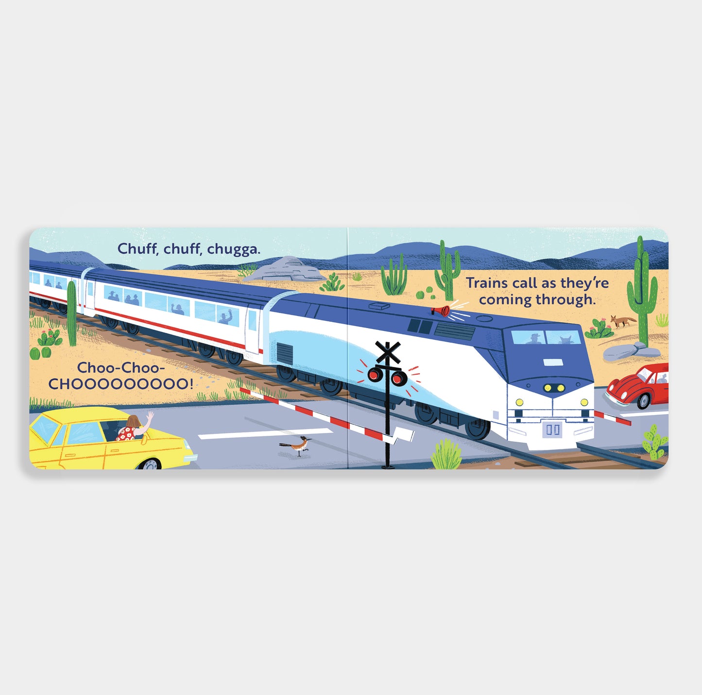 'Go, Trains, Go!' Illustration of a train crossing a road with cars and cacti in the background.