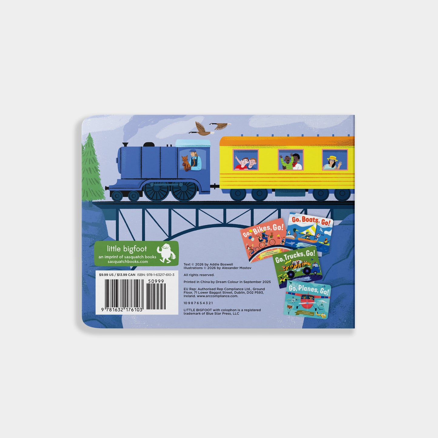 Back cover of 'Go, Trains, Go!' a children's book with a train illustration and book images.