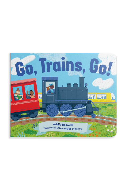 Children's book titled 'Go, Trains, Go!' with train illustrations on a blue background.